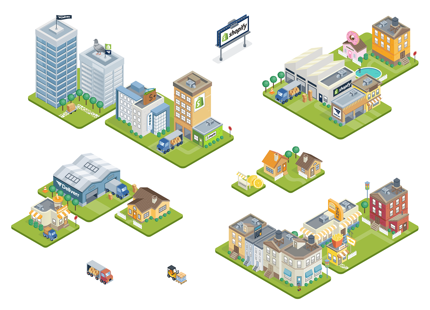 Illustration of various commercial and residential buildings, including shops, warehouses, houses, and delivery trucks, with branding such as Shopify and Deliverr.