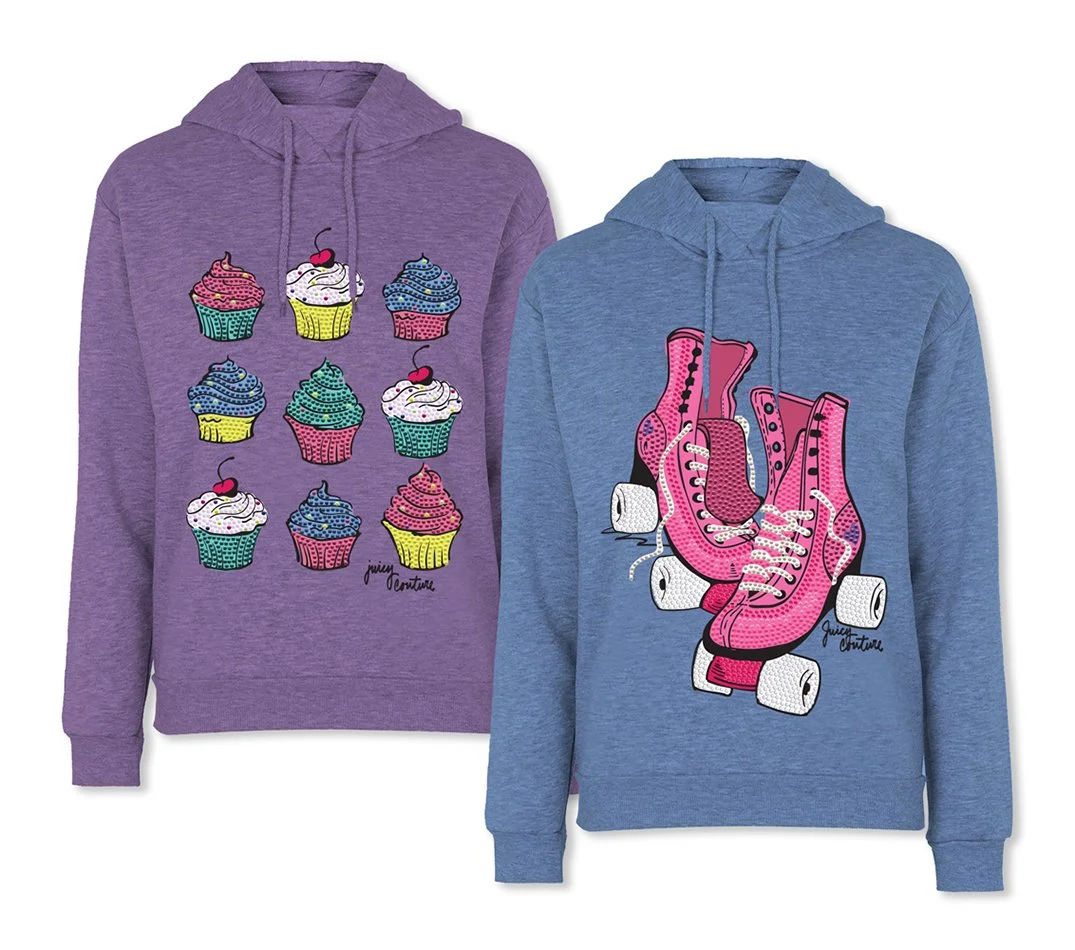 Two hoodies, one purple with cupcake designs and one blue with roller skate designs.