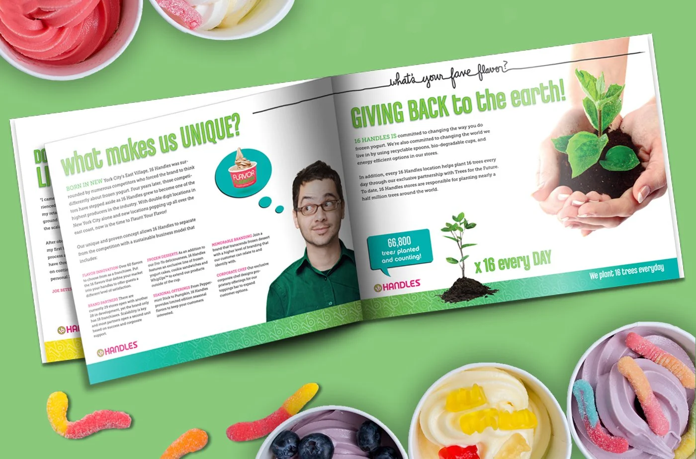 A brochure spread on a green surface with colorful gummy worms and bowls of frozen yogurt.