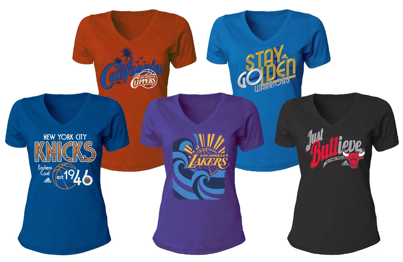 Five colorful women's T-shirts with sports team and city logos and slogans, including Los Angeles Clippers, Golden State Warriors, New York Knicks, Los Angeles Lakers, and Chicago Bulls.