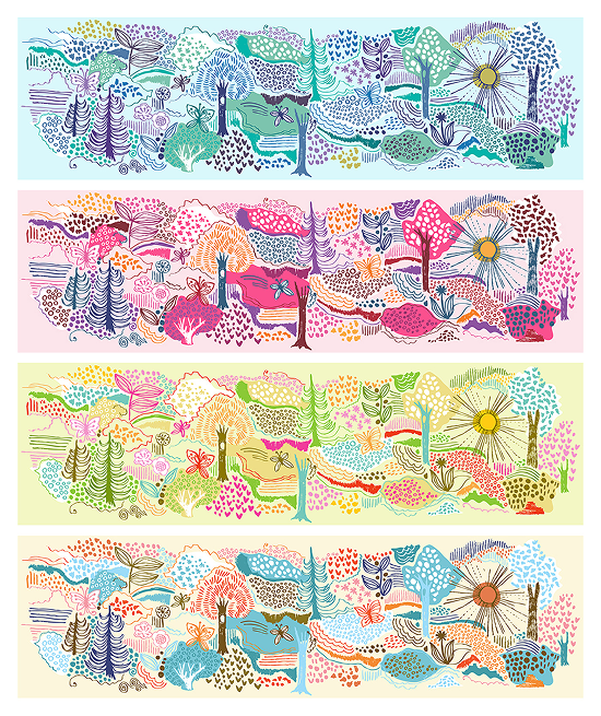 Colorful abstract landscape in a repetitive pattern with trees, bushes, and a sun, presented in four different color schemes.