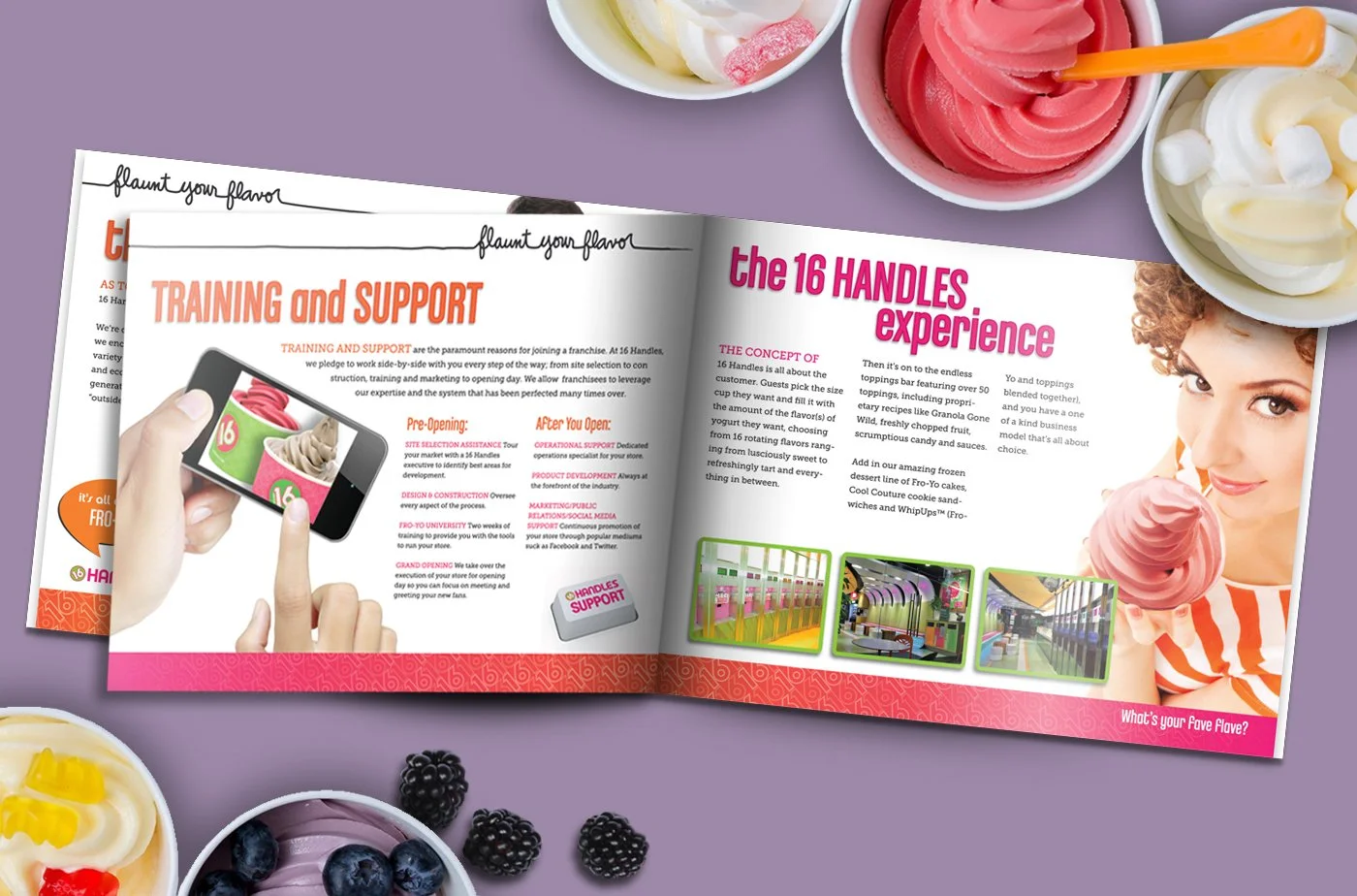 Brochure spread with pink and orange text about 16 Handles franchising, with images of frozen yogurt toppings and a woman holding a cone, surrounded by bowls of frozen yogurt and berries on a lavender surface.