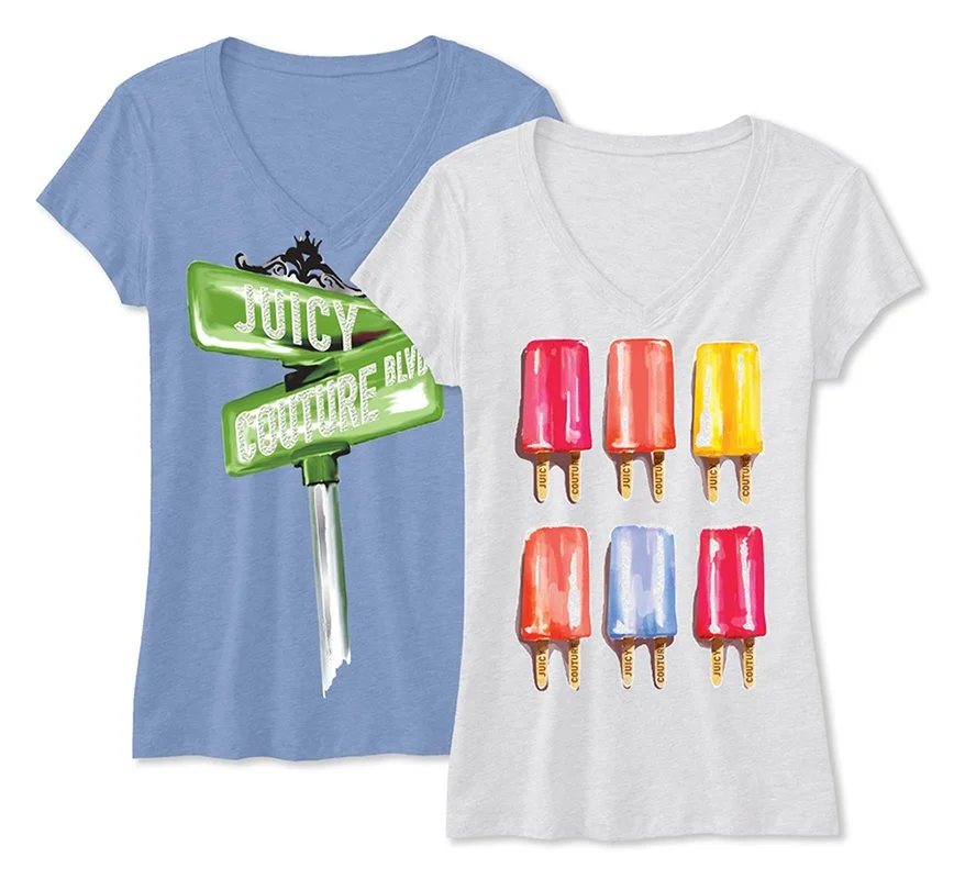 Two women's T-shirts, one blue with street signs reading 'Juicy Couture' and one white with illustrations of six colorful popsicles.