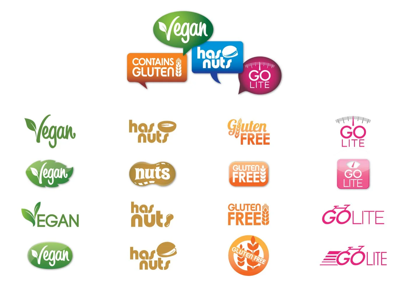 Collection of labels and icons indicating product features: Vegan, Contains gluten, Has nuts, Gluten free, and Go lite.