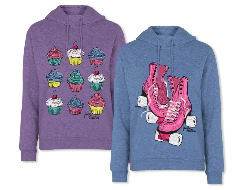 Two hoodies, one purple with colorful cupcakes, and one blue with a pair of pink roller skates.