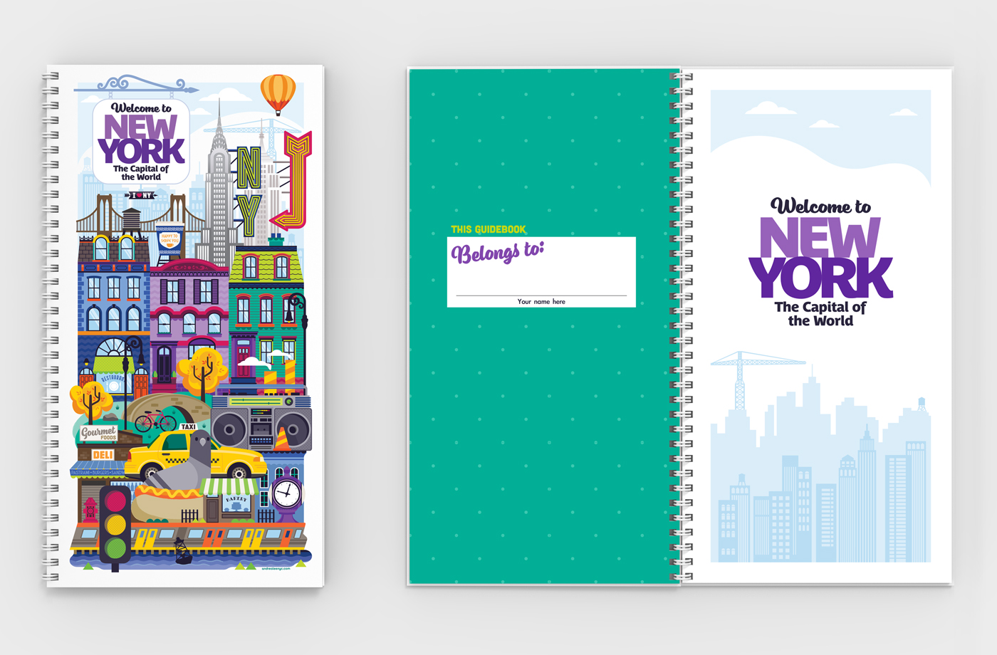 Colorful illustrated cityscape of New York City with iconic buildings on the cover of a spiral notebook. The inside page shows a welcome message with a placeholder for the owner's name.