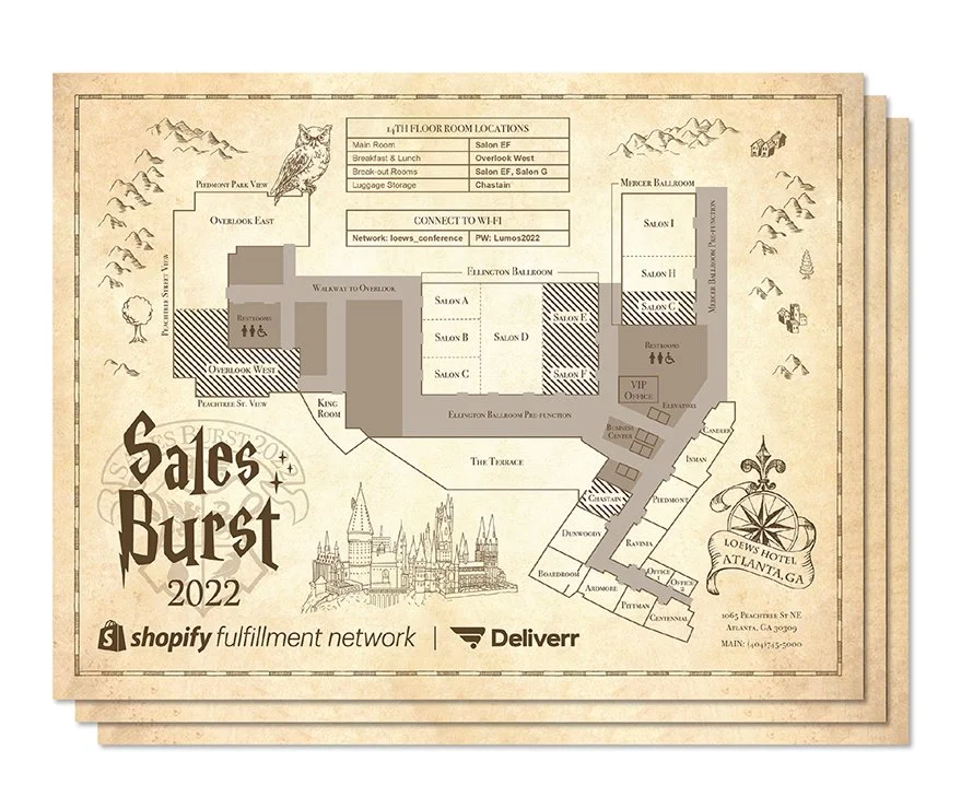 Floor plan map of Loews Hotel in Atlanta, Georgia, showing various room locations, conference areas, and amenities for the 2022 Sales Burst event, including lounges, ballrooms, and conference connectors.