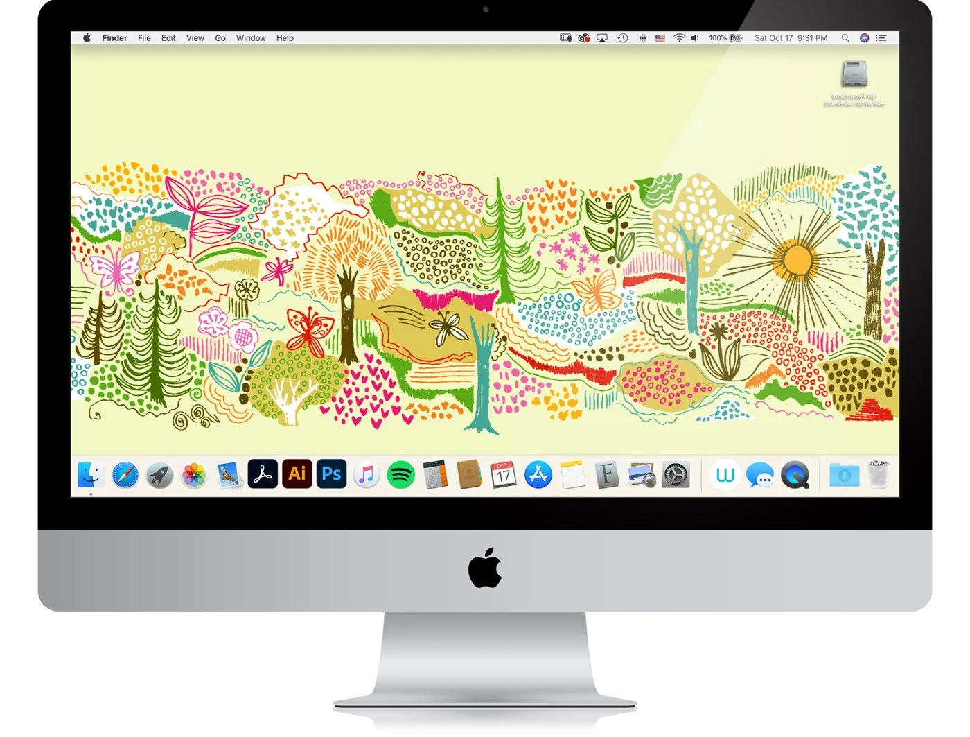 Colorful, abstract digital drawing of a whimsical landscape with trees, flowers, and butterflies on a computer desktop background.