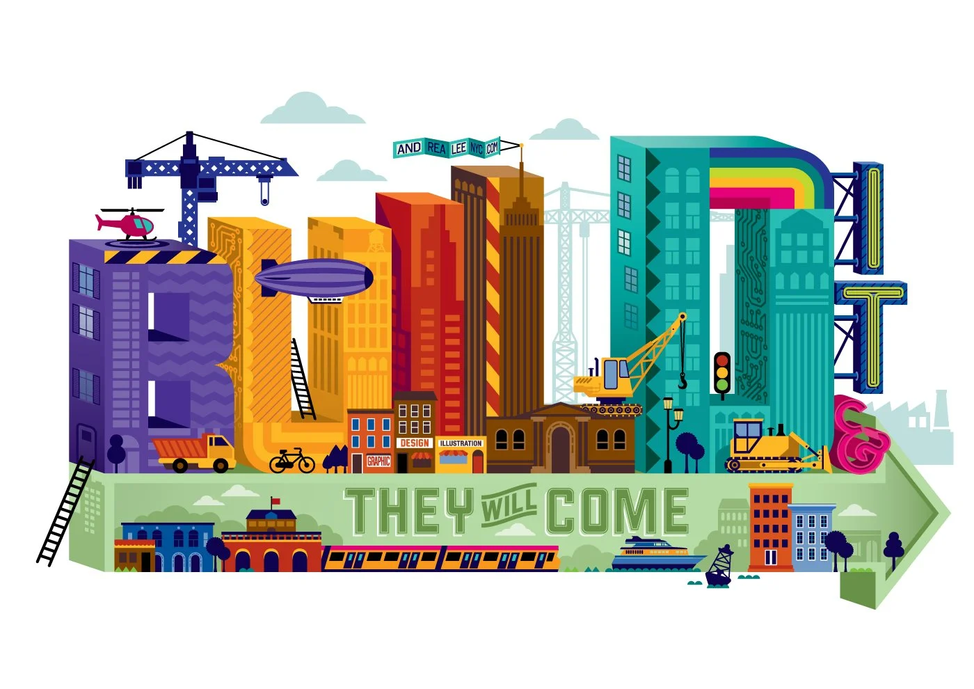 Colorful cityscape with tall buildings, construction cranes, construction equipment, a helicopter, blimp, train, and more on a green arrow.