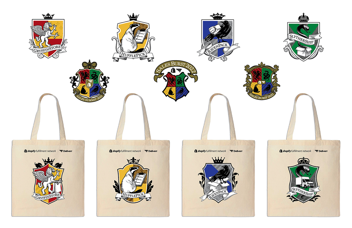Set of tote bags featuring unique house crest designs related to a Harry Potter-inspired theme, with other crest logos at the top.