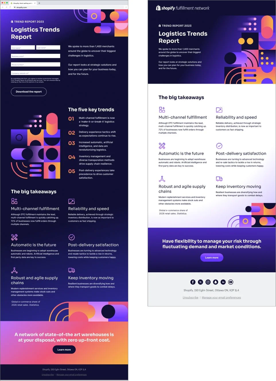 Landing page and email designs