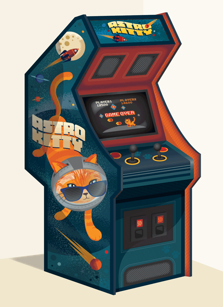 Retro arcade game machine themed space adventure with an orange cat wearing sunglasses and a spaceship helmet, chasing a ball of light, with space planets and a moon background, and the title 'Astro Kitty' at the top.