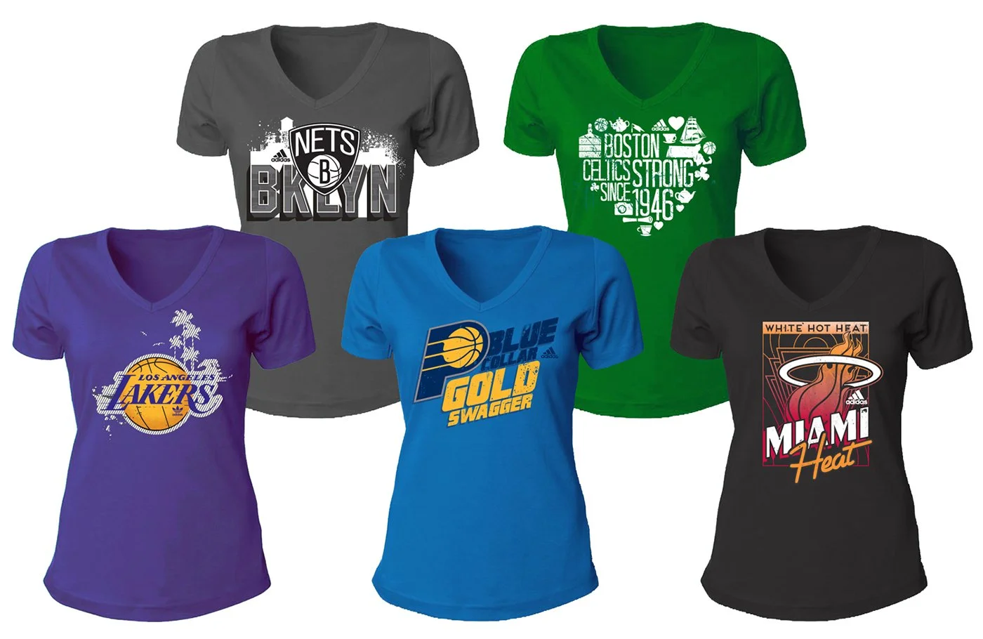 Five colorful women's T-shirts with sports team and city logos and slogans.