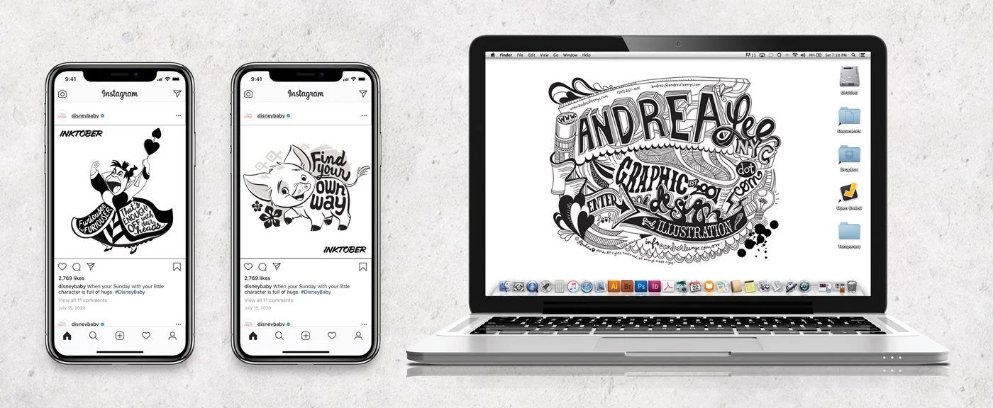 Two phones displaying black and white Instagram posts featuring Disney characters next to a MacBook with a black and white graphic illustration on the screen.