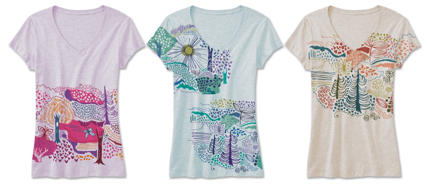 Three V-neck T-shirts with colorful abstract landscape designs, featuring trees, mountains, and nature elements.