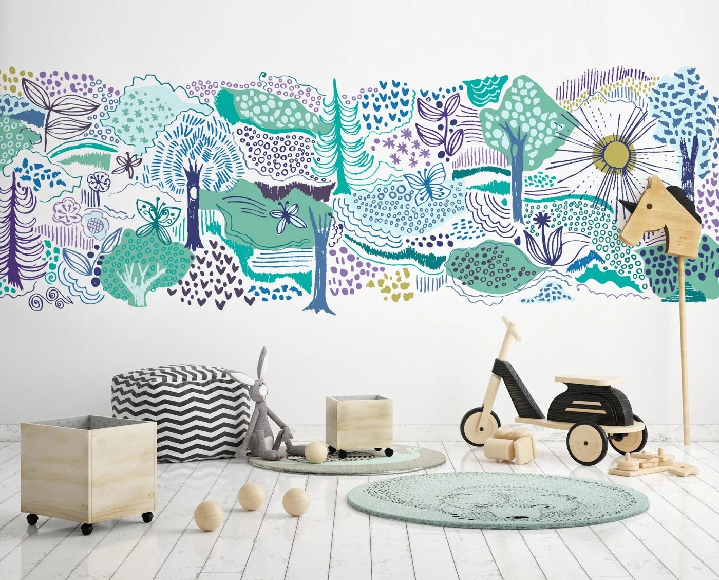 Children's play area with minimalist wooden toys, including a tricycle and a wooden horse. The background features a colorful, abstract mural.