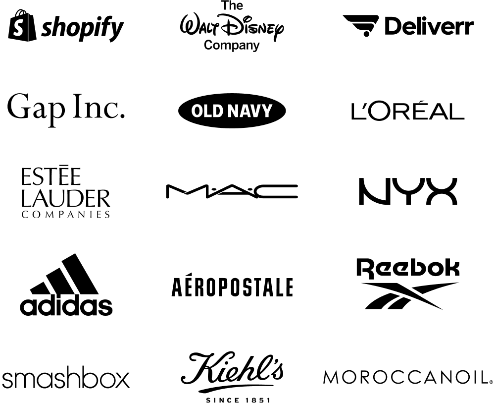 Collection of logos from various brands including Shopify, Walt Disney Company, Deliver, Gap Inc., Old Navy, L'Oréal, Estée Lauder Companies, MAC, NYX, Reebok, Adidas, Aéropostale, Smashbox, Kiehl's, and Moroccanoil.