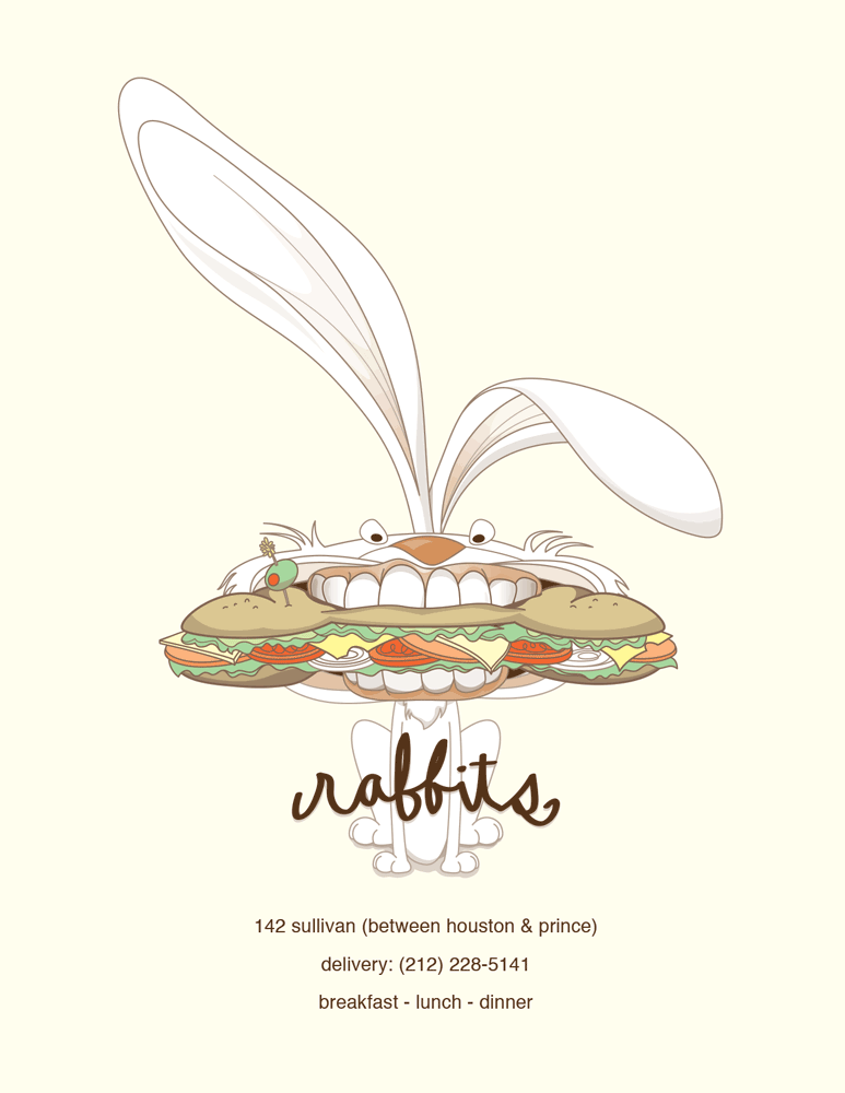 A cartoon rabbit with long ears holding a large sandwich with various ingredients, including lettuce, tomato, and deli meats.