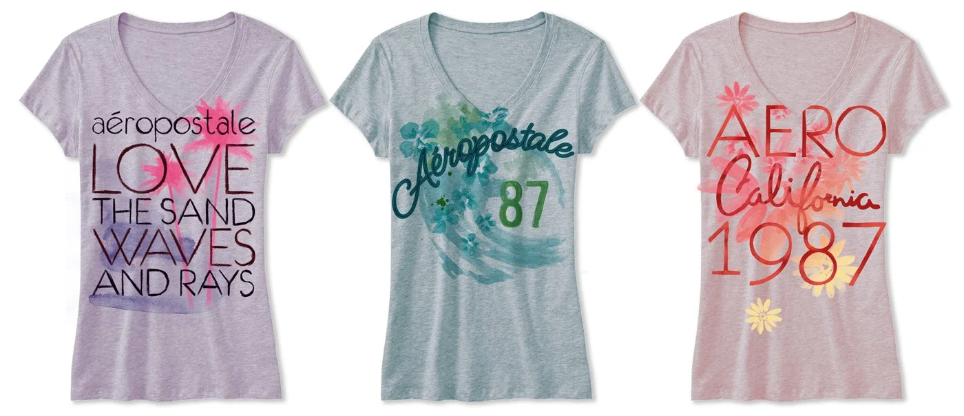 Three women's T-shirts with floral patterns and text related to Aeropostale, showing different designs and colors.