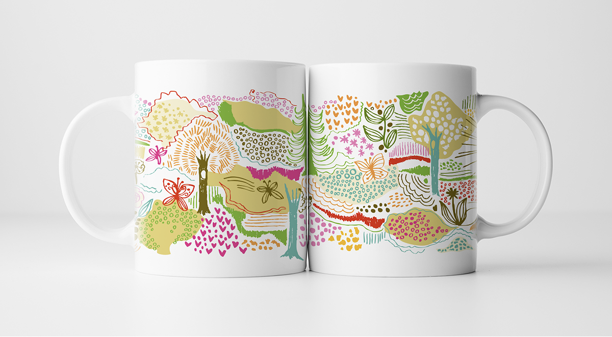 Colorful illustrated garden scene with trees, flowers, butterflies, and hearts on two white ceramic mugs.