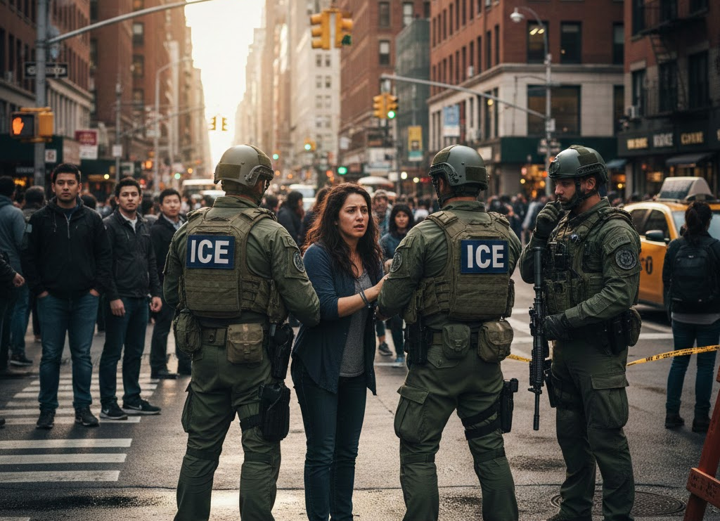A woman is talking to three ICE officers on a city street, with a crowd of pedestrians and yellow taxis in the background.