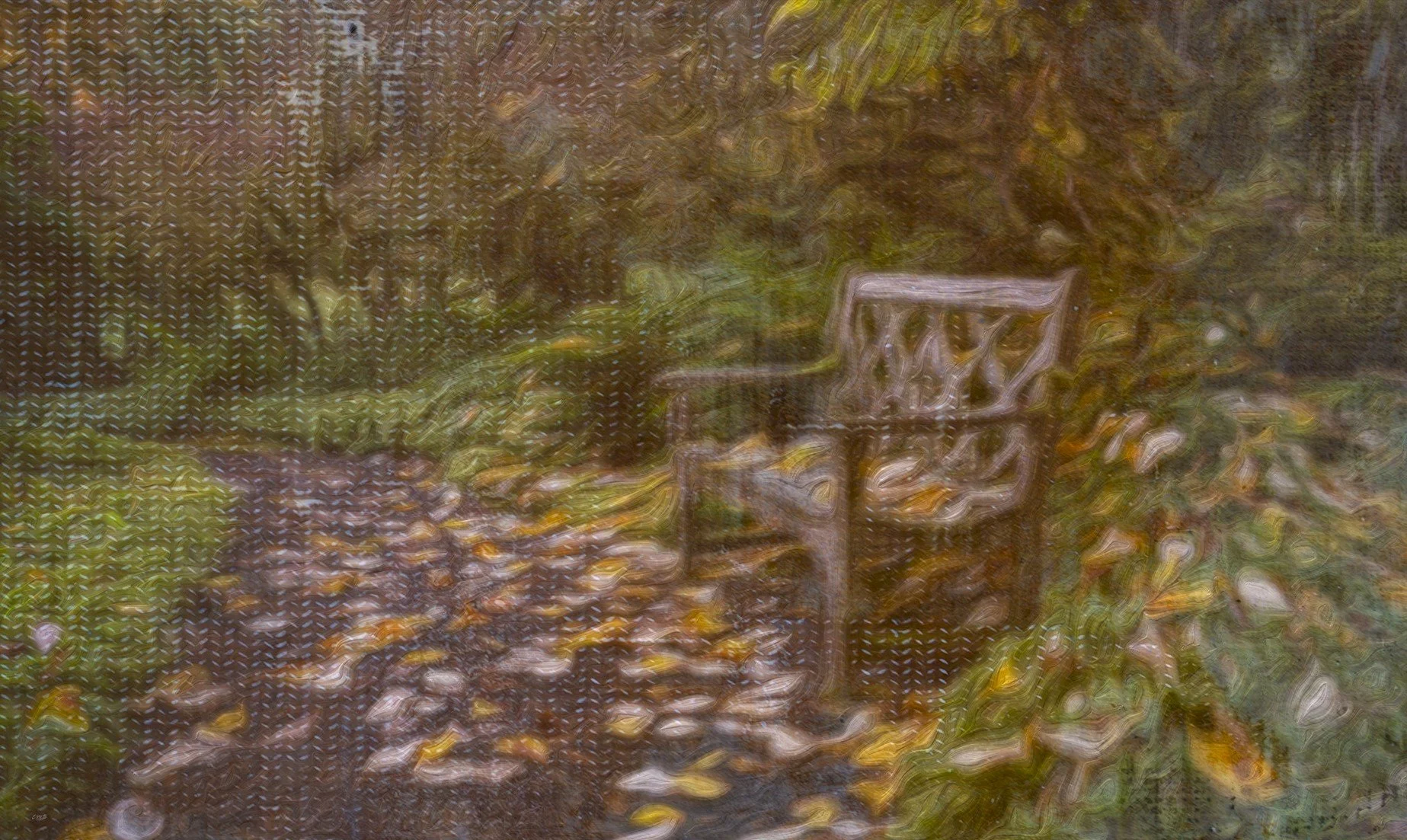Bench on a path with oil and canvas texture