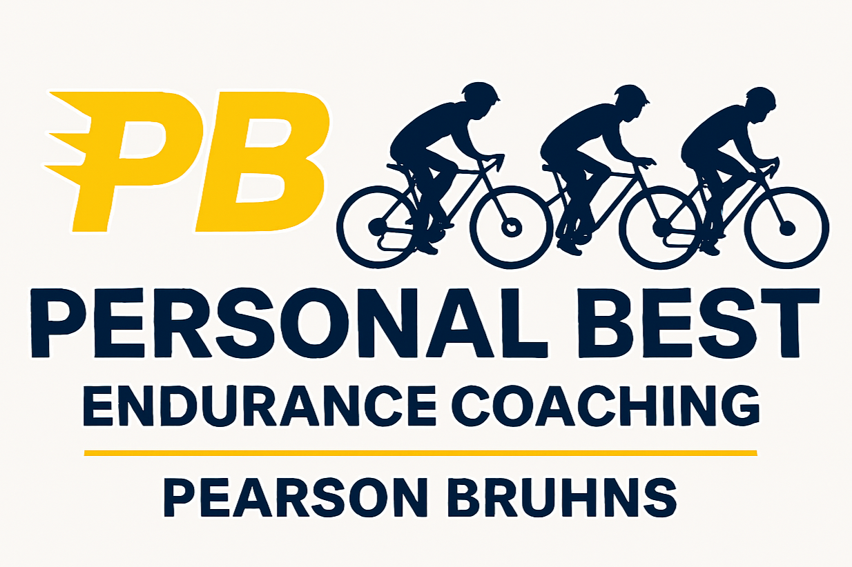 Book cover titled 'PB Personal Best Endurance Coaching' by Pearson Bruhns, featuring an illustration of three cyclists in silhouette in a line, with large yellow initials 'PB' on the left.