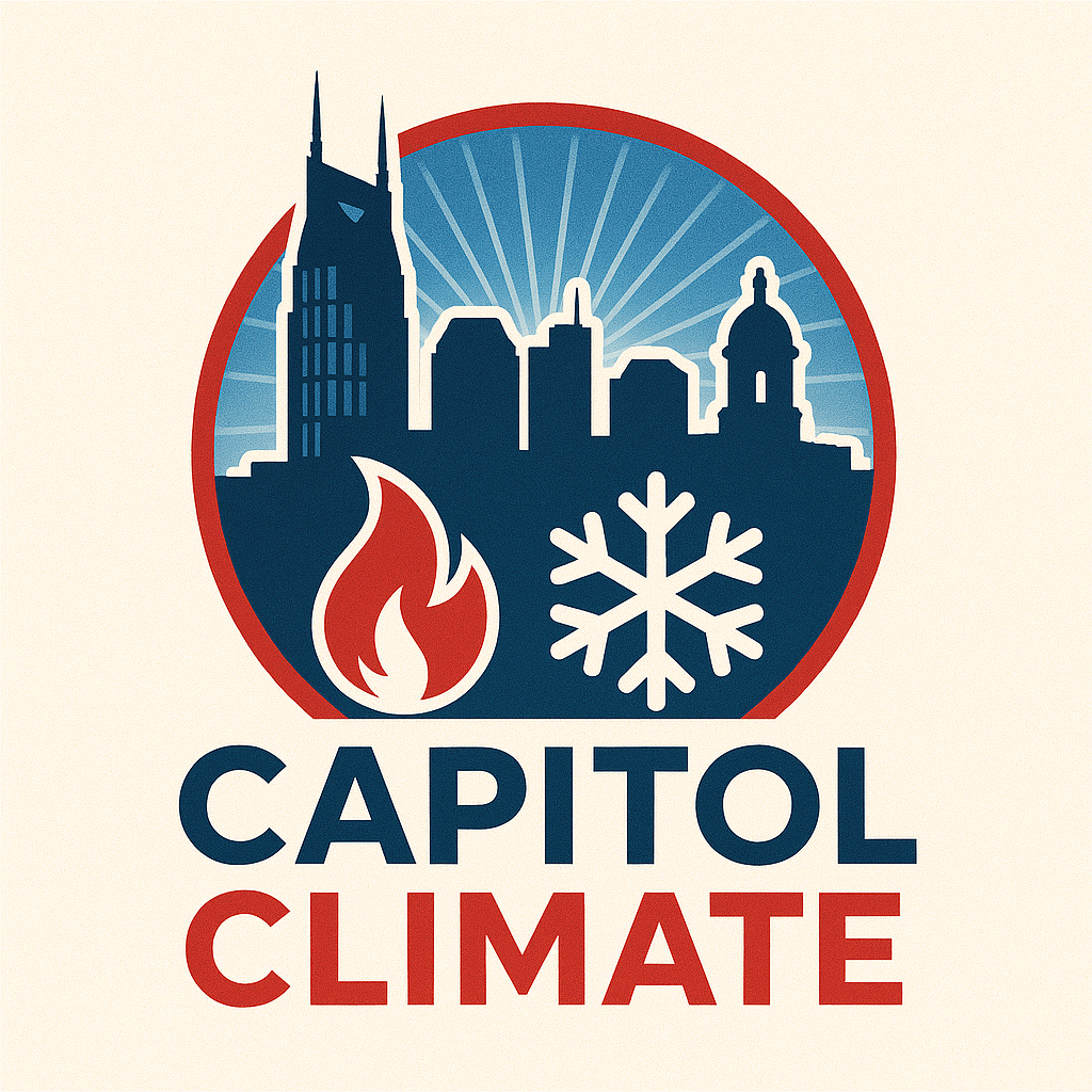 Stylized logo with a city skyline, a flame, and a snowflake, above the words "Capitol Climate"