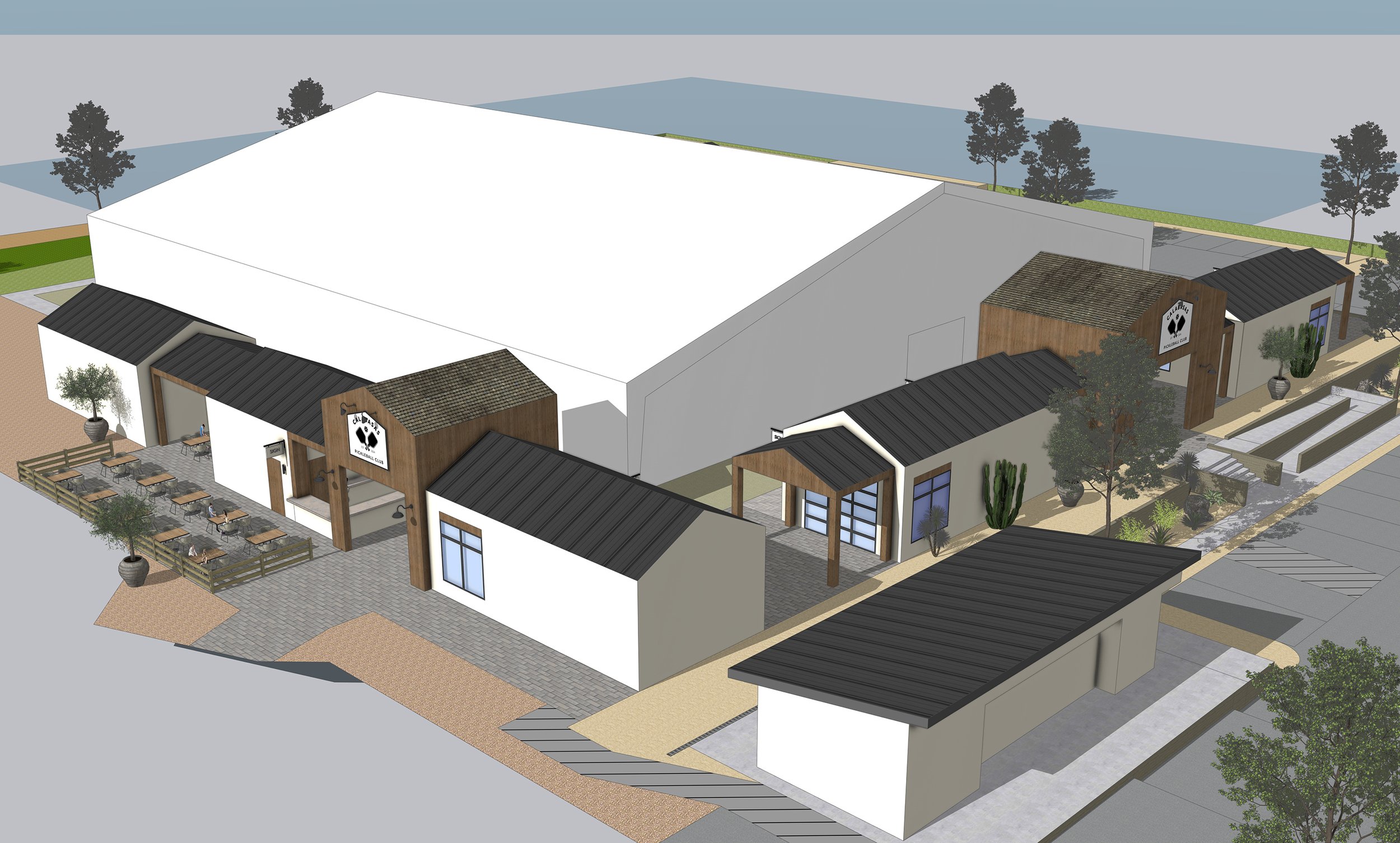 3D rendering of a modern building complex with outdoor seating, trees, potted plants, and a large white roof.