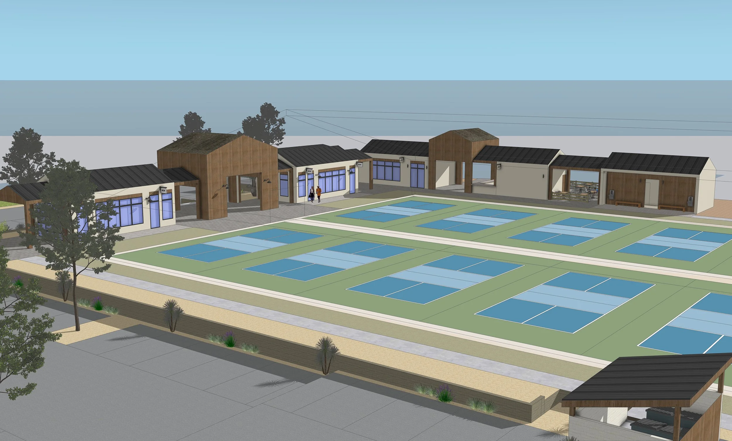 Rendering of a solar-powered community recreation center with swimming pools, shaded pavilions, and nearby trees.