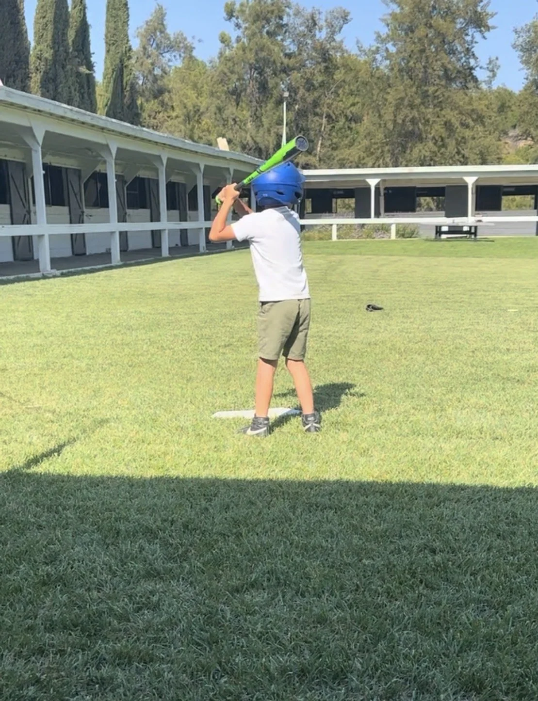 Young boy wearing a blue helmet and white shirt, standing on a grassy field, holding a green plastic baseball bat in a batting stance on a sunny day.