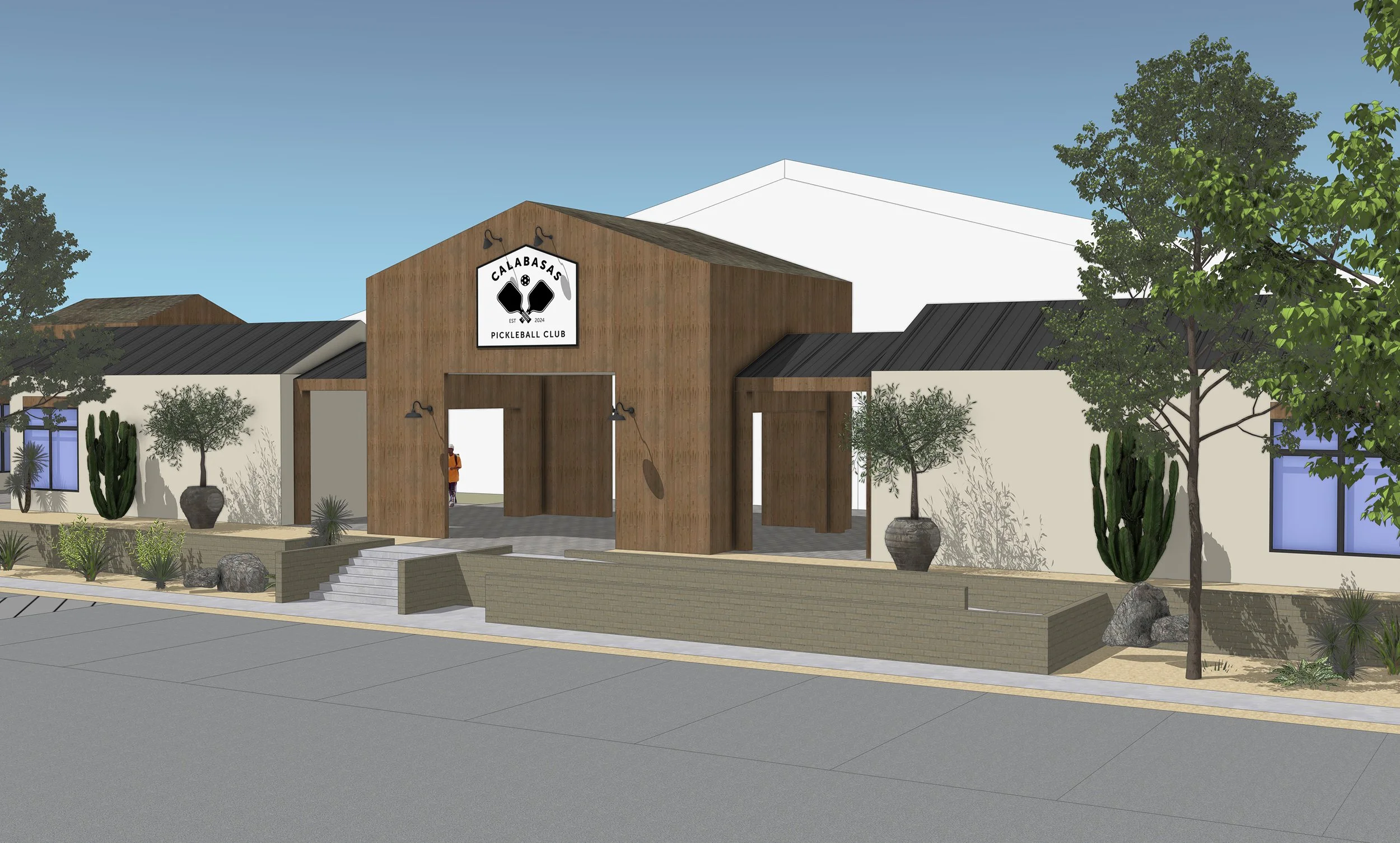 Rendering of a building labeled Calabasas Pickleball Club with a wooden and white exterior, large windows, and desert landscaping including cacti and trees.