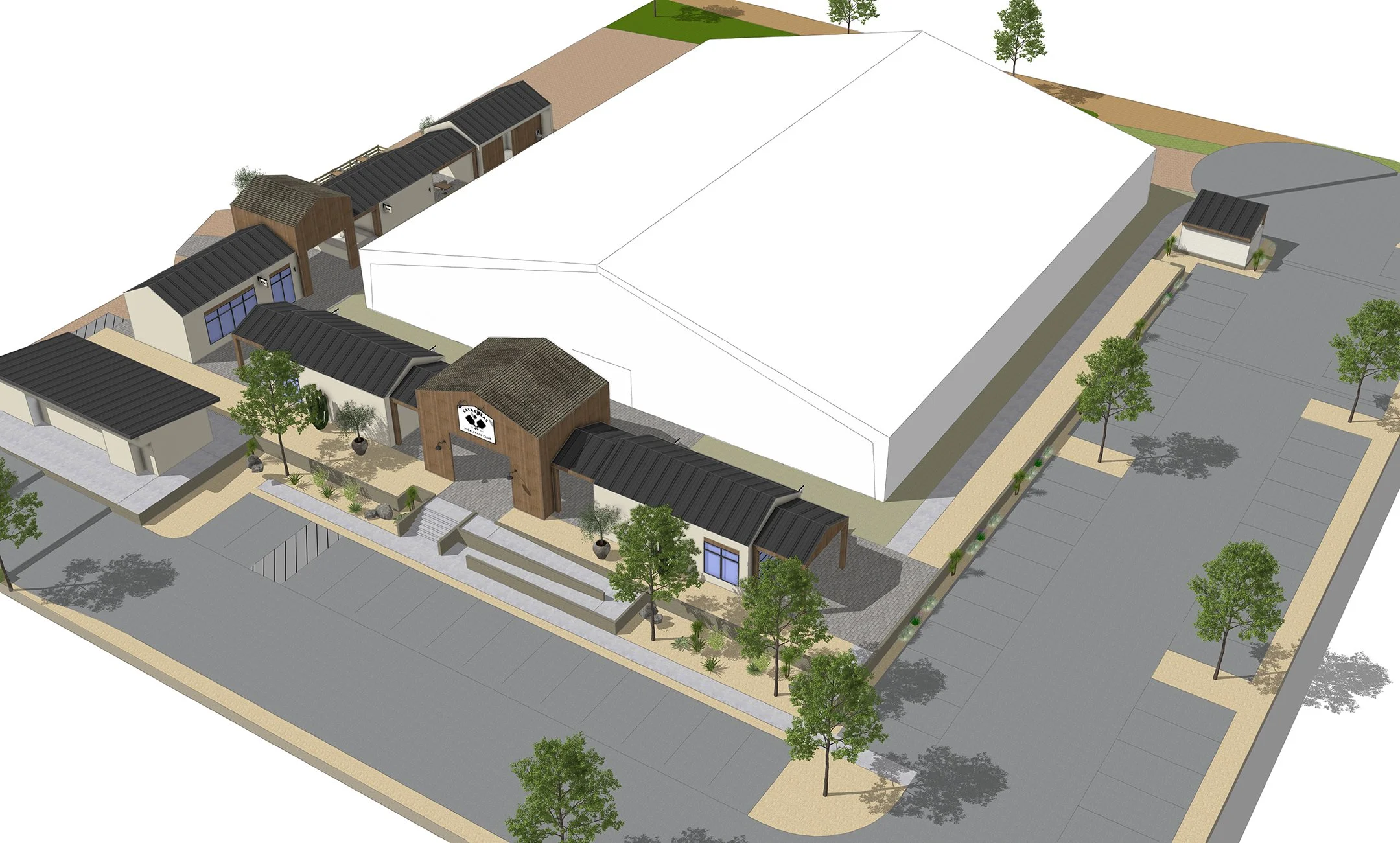 A detailed 3D rendering of a community center with landscaped entrance, parking lot, and surrounding trees.