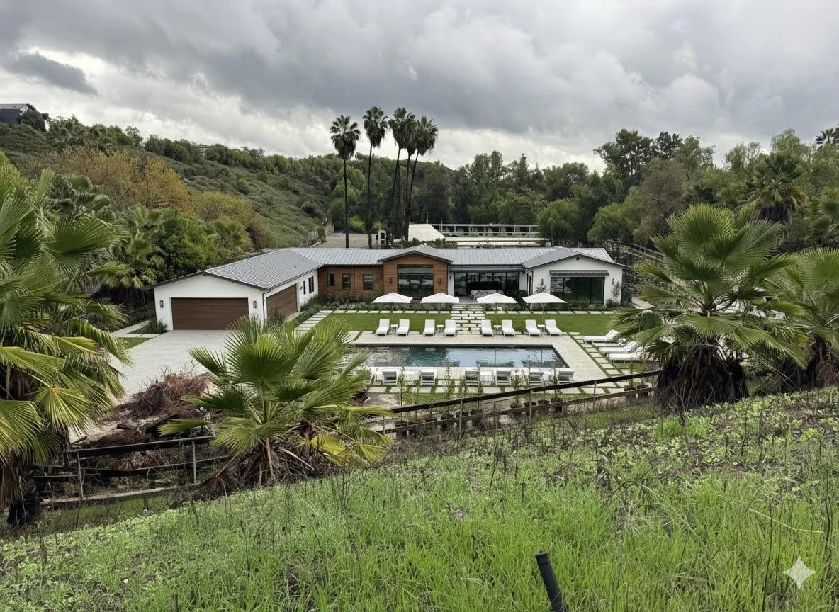 A modern house with a backyard swimming pool, surrounded by lounge chairs and umbrellas, set within a lush, hilly landscape with tall palm trees under a cloudy sky.