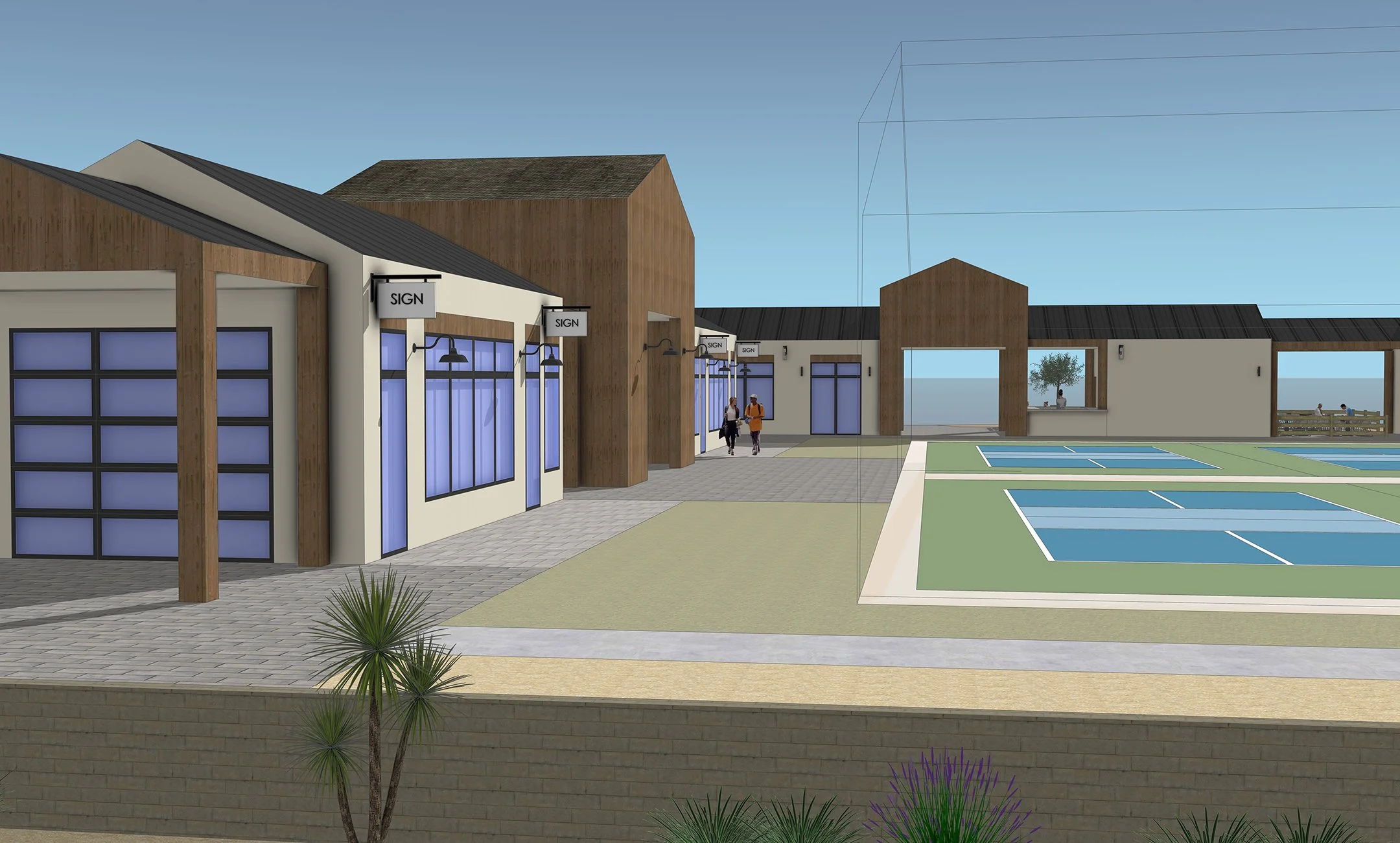 Rendering of an outdoor sports complex with tennis courts, a building with large windows and signboards, a brick wall, and landscaped plants.