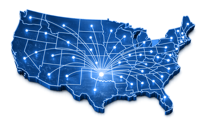 A digital map of the United States showing various connected cities with lines radiating from a central point, representing network or communication connections.