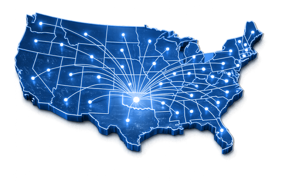 A digital map of the United States with a glowing network of connected nodes radiating from a central point in Texas.