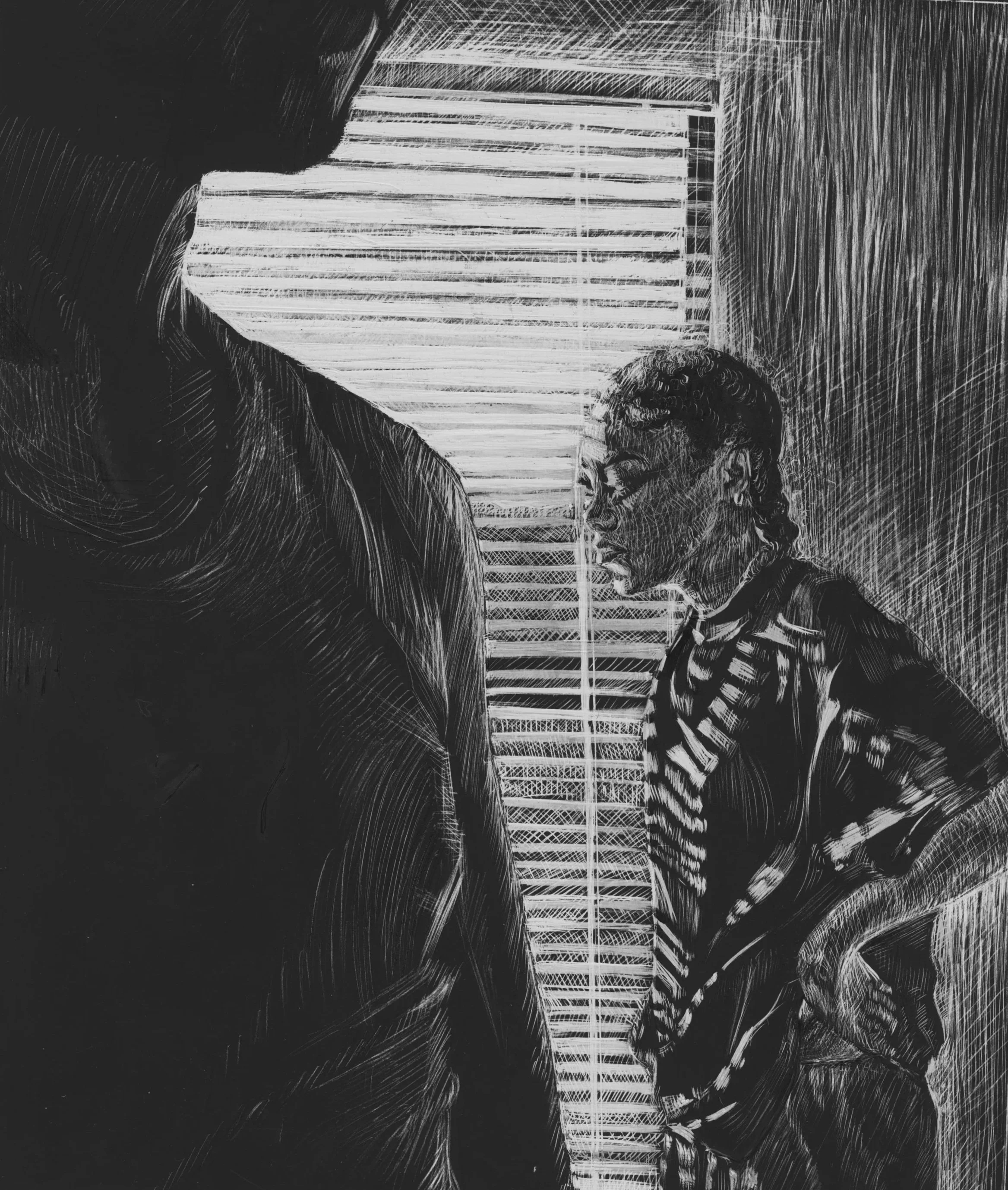 "Morning Light" 2025,
Scratchboard.