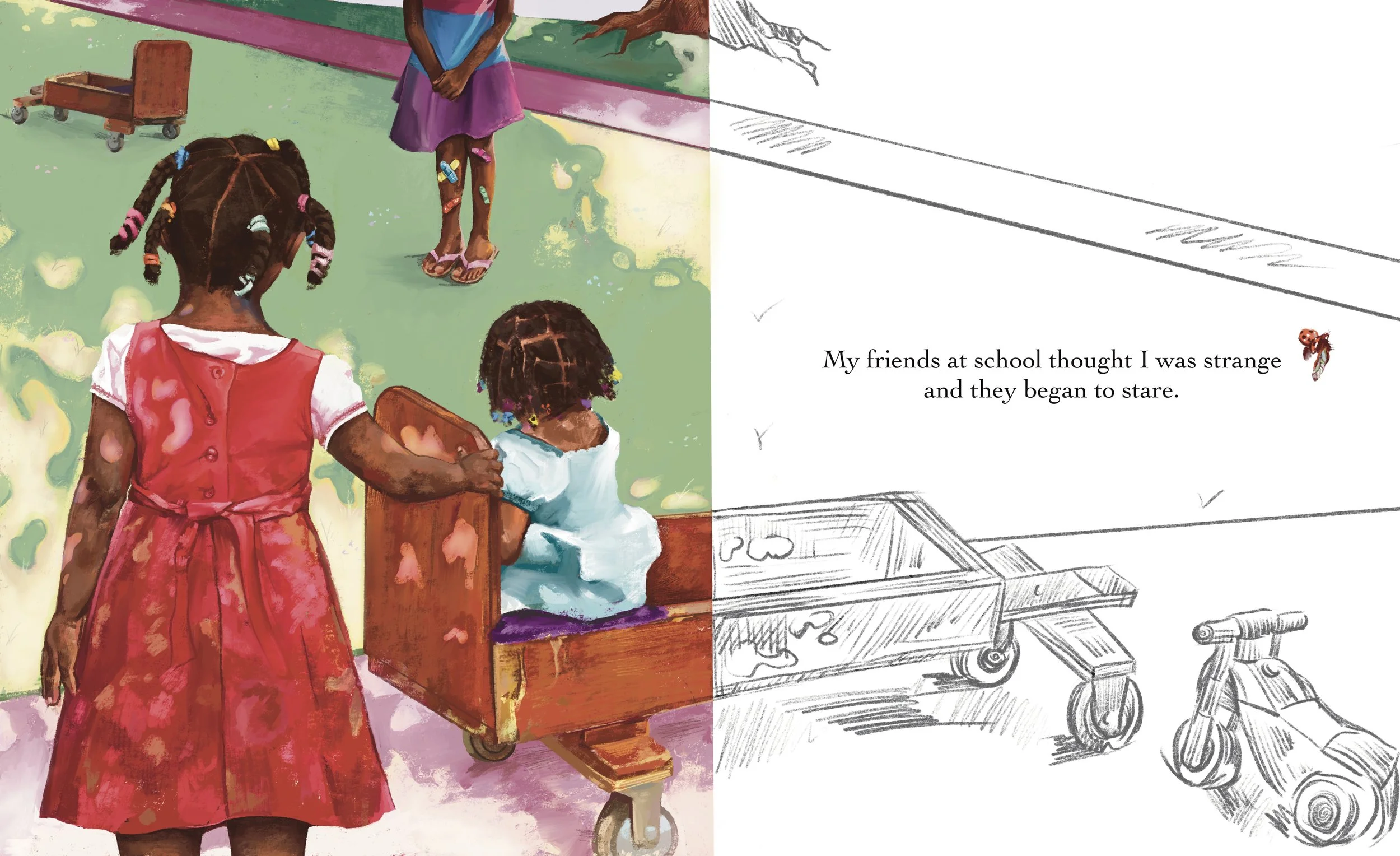 "Scrapes on my knees" Original children's book spread, 2026