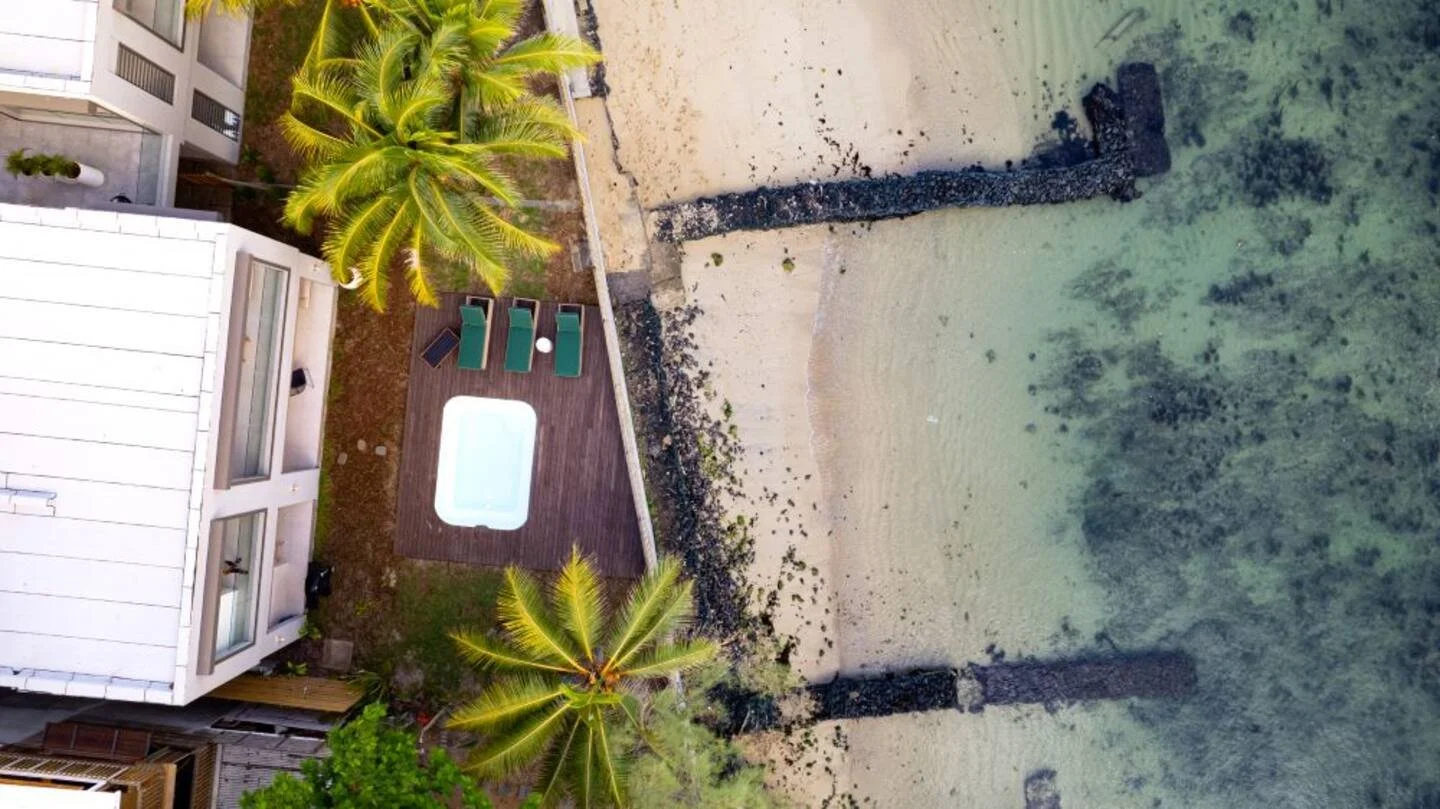 Aerial view of a beachfront property with a pool, surrounded by palm trees, beside a sandy beach and clear water.
