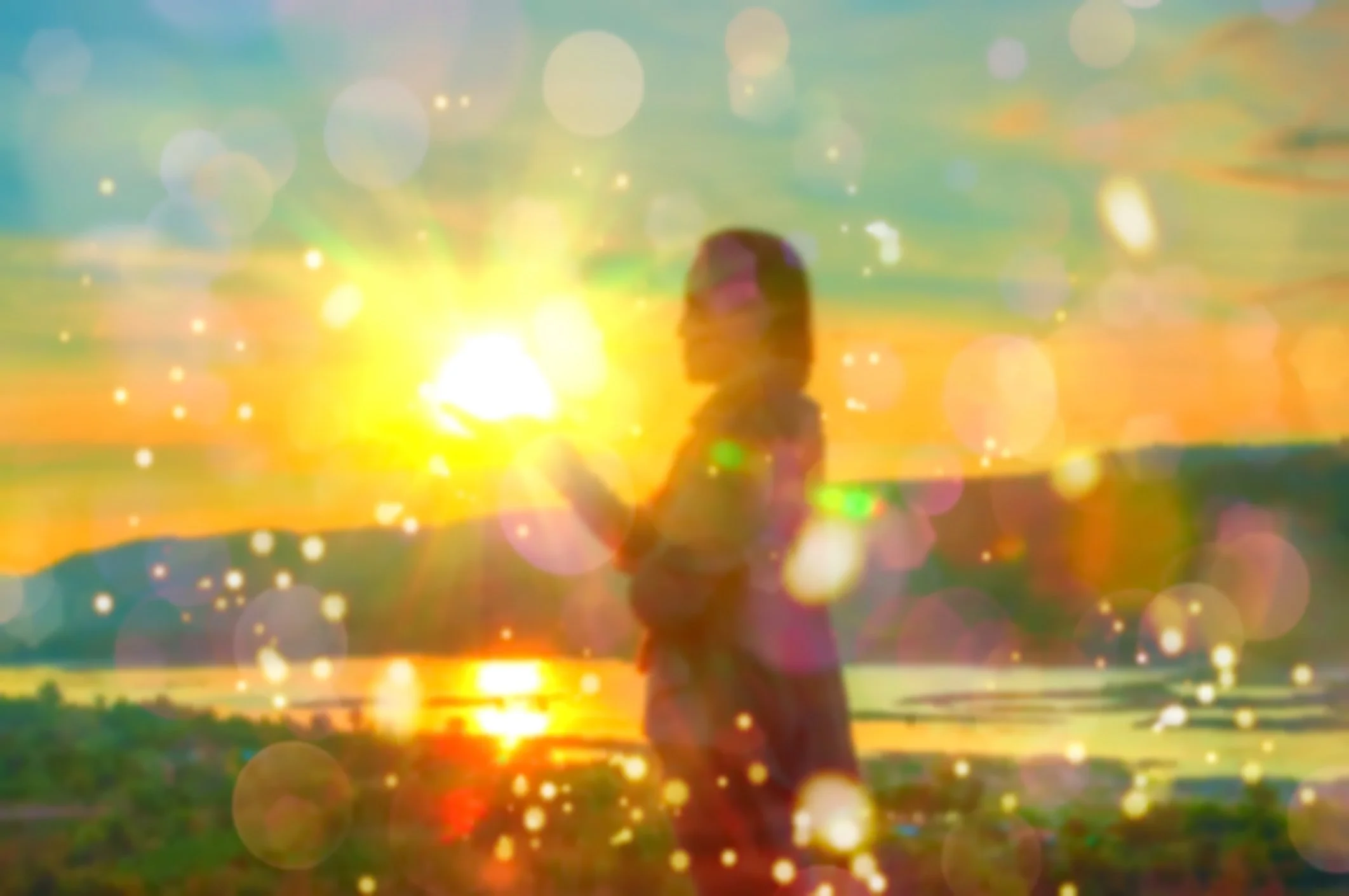 This image shows a woman who is in nature and using the energy of light to fulfill her dreams and aspirations.