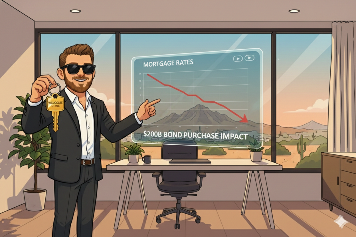 Digital illustration of Phoenix realtor Scott Bryant in a modern office with Camelback Mountain behind him, pointing to a screen showing $200B bond impact and falling mortgage rates while holding a “Welcome Home” gold key.