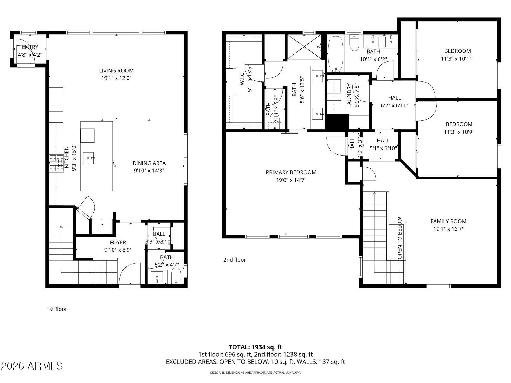 Floor plan layout of a 3-bedroom Chandler, Arizona home for sale showing 2.5 bathrooms, upstairs loft, open-concept main level, and 2,043 square feet