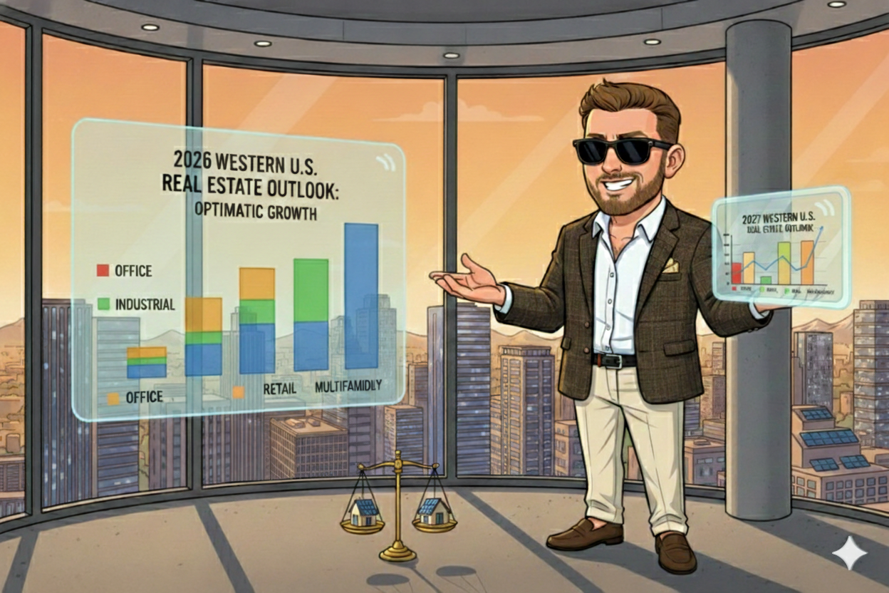A professional illustration showing a 2026 Western U.S. Real Estate Outlook. A modern real estate expert presents digital data holograms displaying growth trends for Office, Industrial, Retail, and Multifamily sectors against a sunset city backdrop.