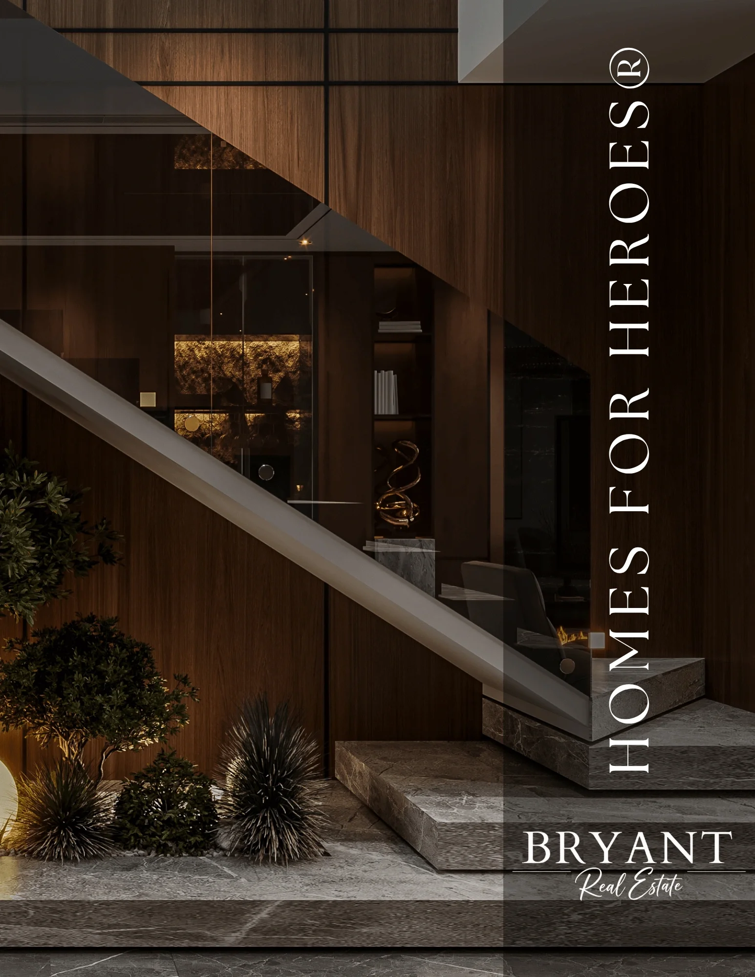 Bryant Real Estate "Homes for Heroes" guide cover featuring a contemporary luxury home exterior with dramatic lighting.