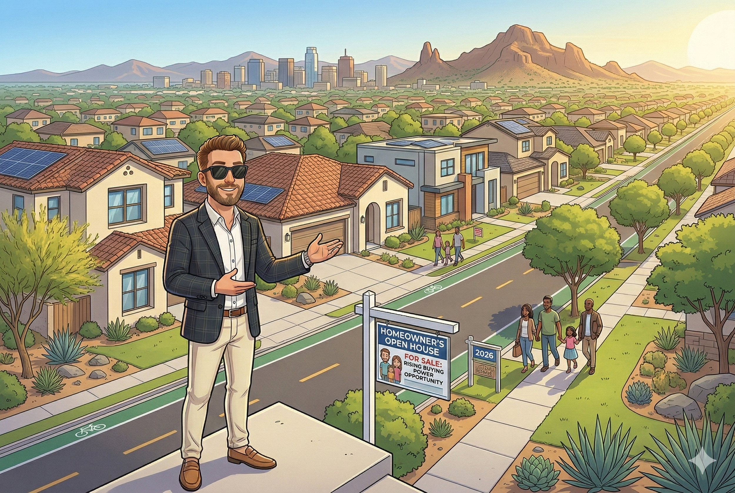 Scott Bryant standing in front of a Phoenix neighborhood, highlighting homes and affordability opportunities for buyers in 2026.