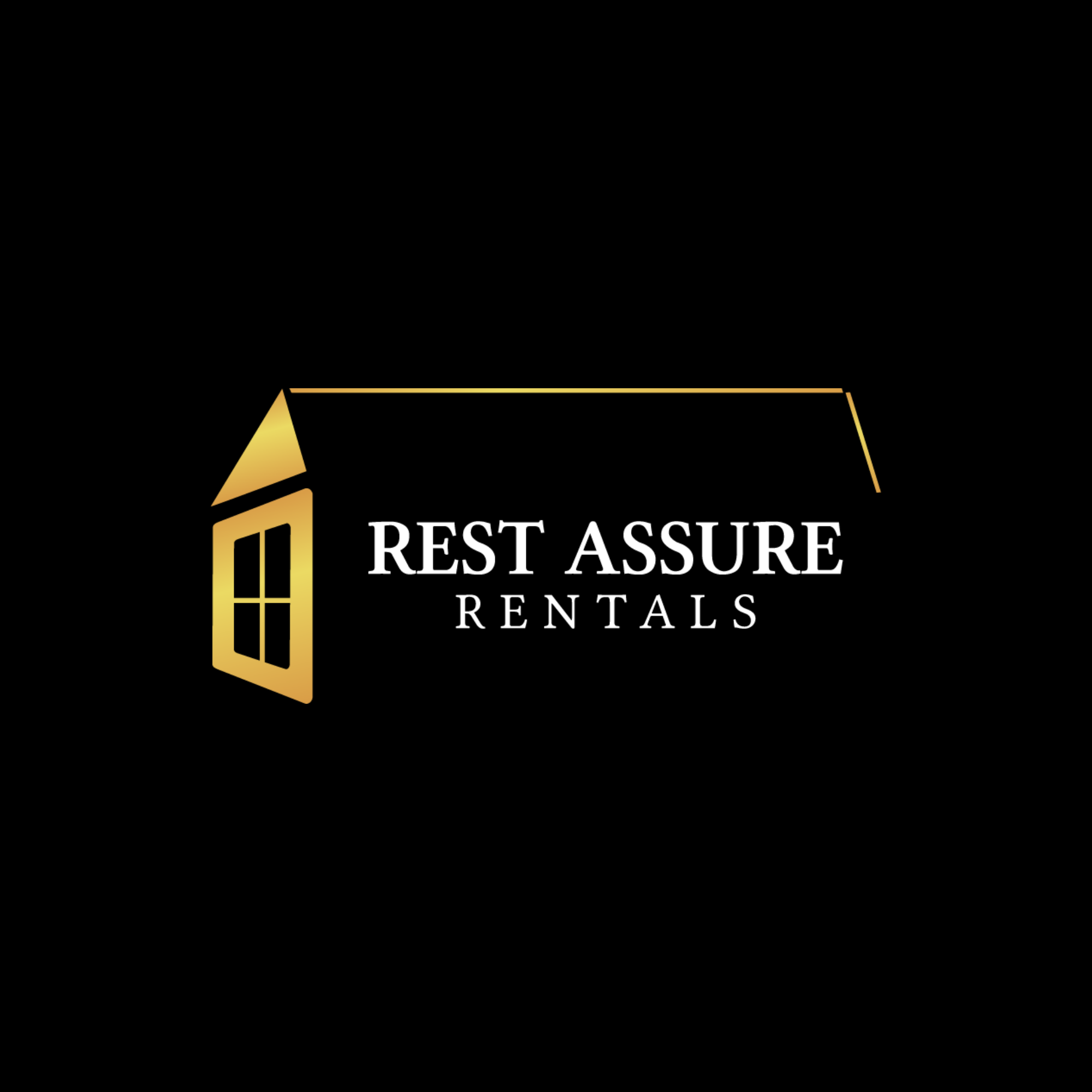 Rest Assure Rentals logo featuring a gold stylized house icon and white text on a black background