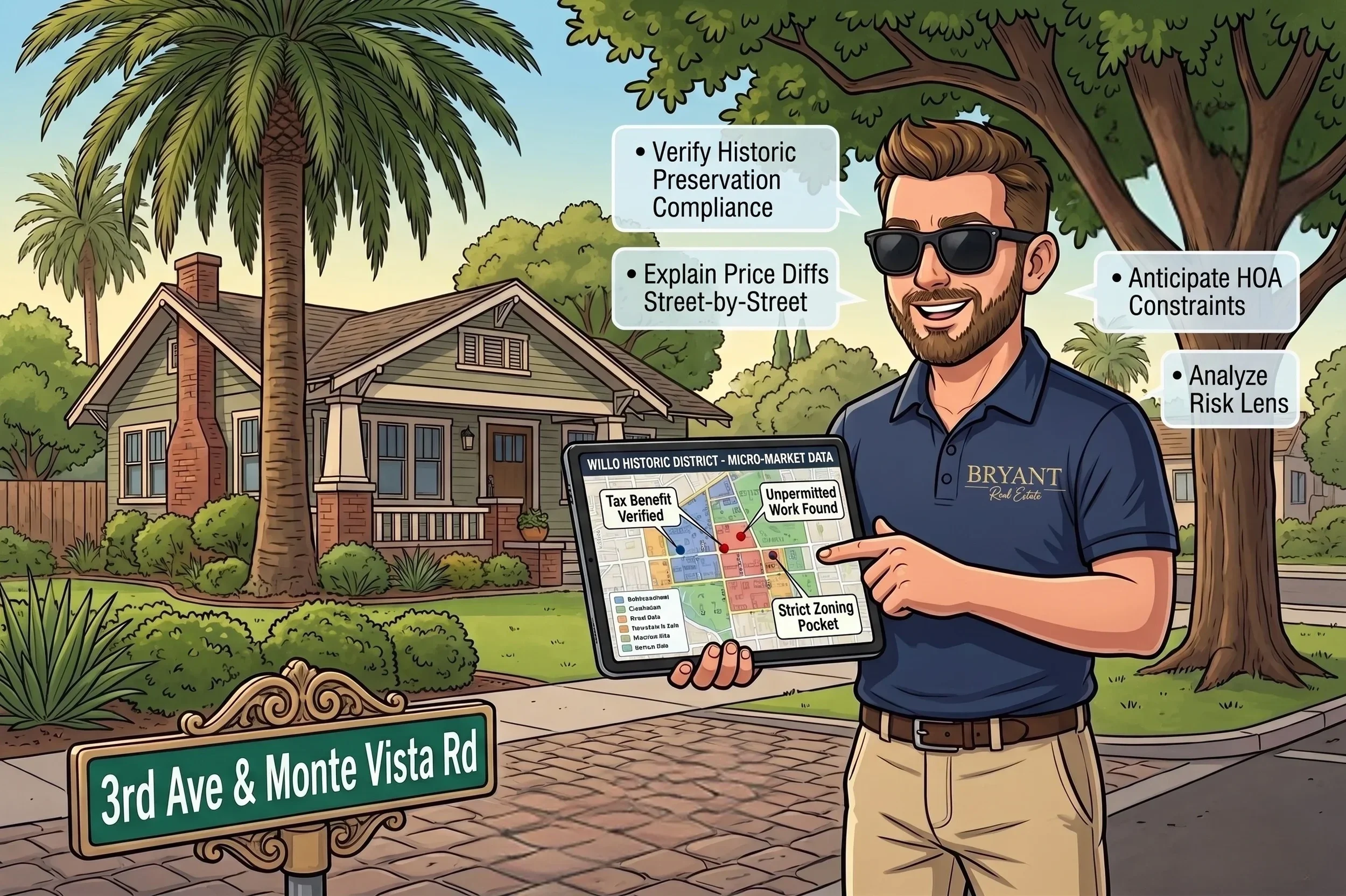 An illustrated Phoenix real estate agent holding a tablet with Willo Historic District micro-market data, standing near a historic home at 3rd Ave & Monte Vista Rd with callouts for neighborhood expertise, zoning, and HOA constraints.