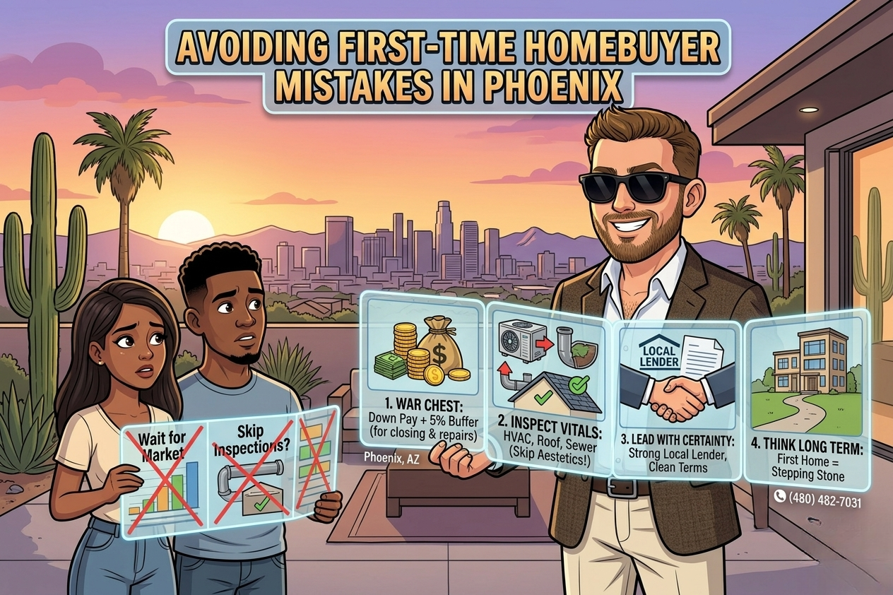 An illustrated graphic titled "Avoiding First-Time Homebuyer Mistakes in Phoenix" featuring a real estate expert guiding a young couple through four key steps: building a war chest, inspecting vitals, leading with certainty, and thinking long-term.