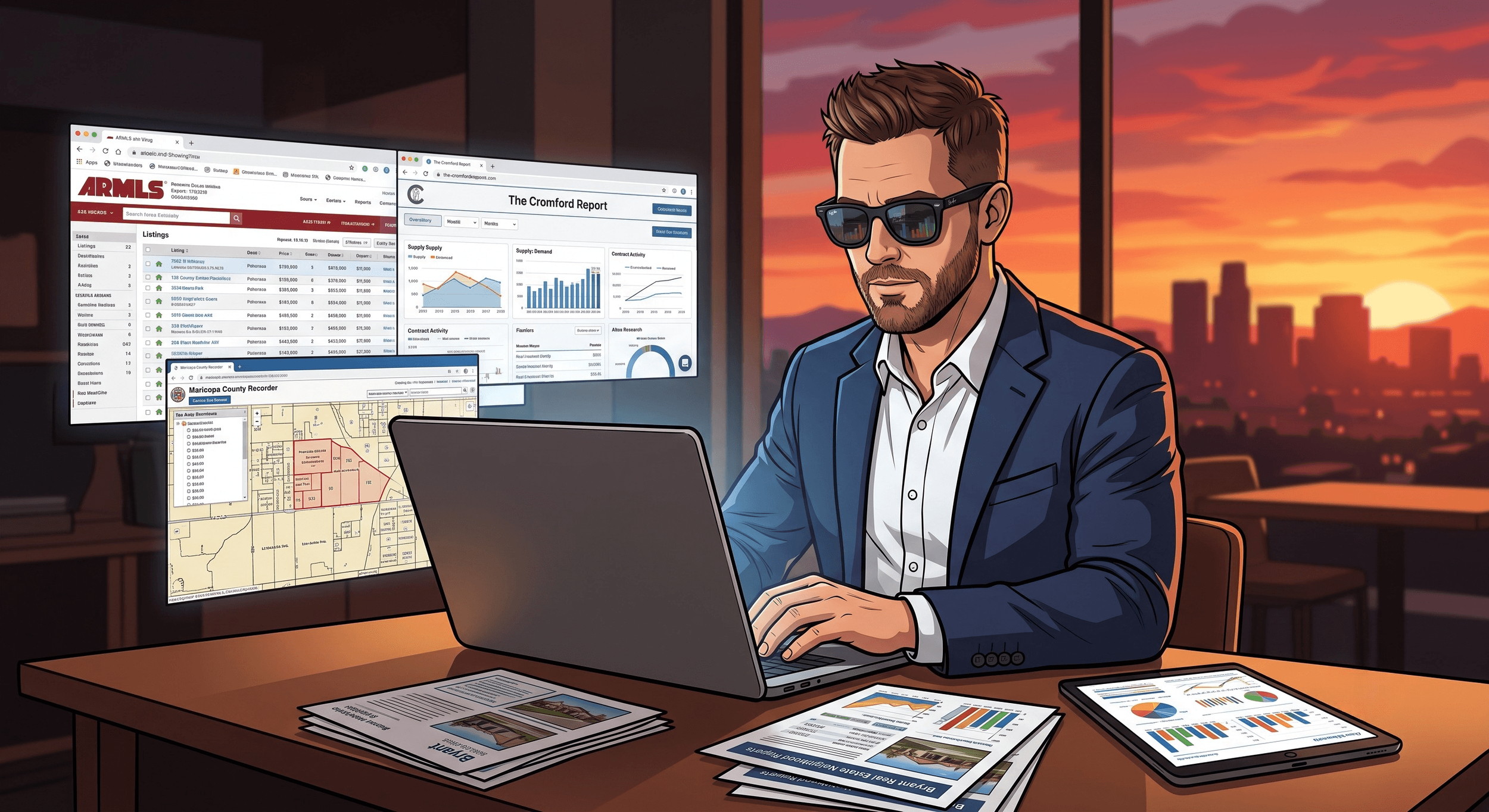 Illustration of a Phoenix real estate agent analyzing market data on a laptop and multiple monitors.